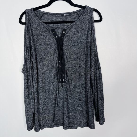 Toska Tops - Toska Large L Heather Gray Lace Up Cold Shoulder Top Black Soft Knit Long Sleeve